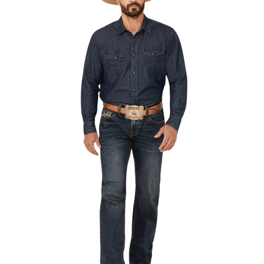 Rock & Roll Men's Regular Fit V Shape Emblem Pistol Straight Let Jeans- Dark Vintage