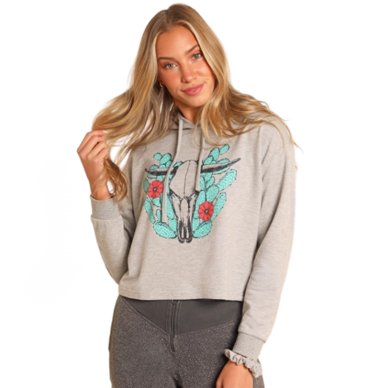Rock & Roll  Women's Long Sleeve Longhorn Graphic Hoodie- Grey