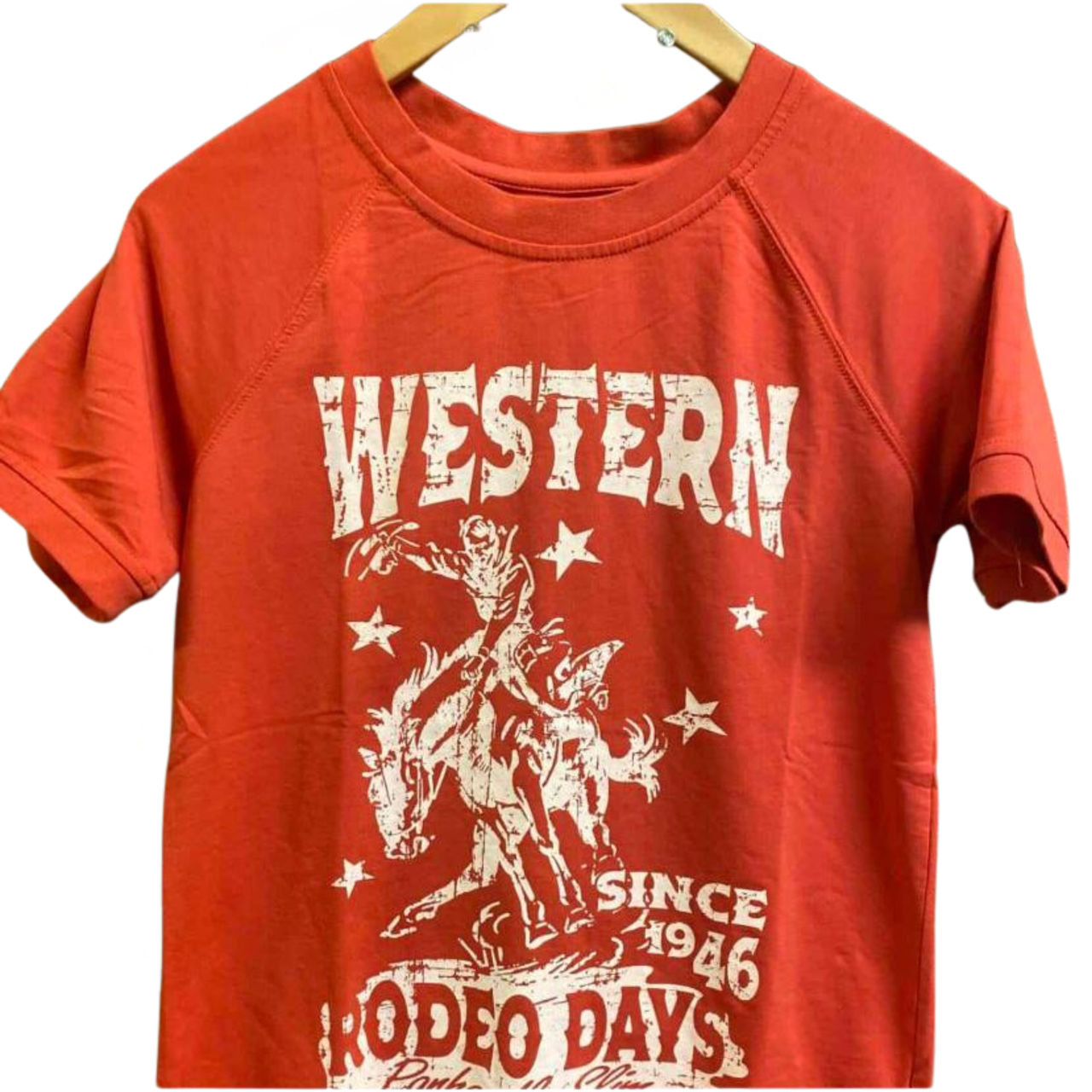 Panhandle Women's Slim 3/4 Boxy Roll Short Sleeve Graphic Tee Shirt- Scarlet