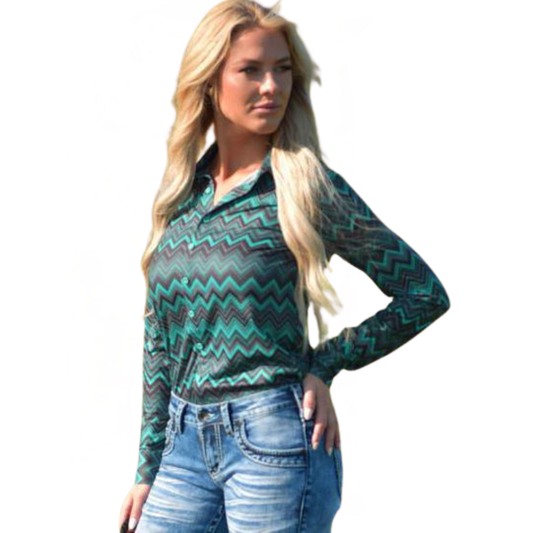 Cowgirl Tuff  Women's Long Sleeve Aztec Stretch Jersey - Green/Grey