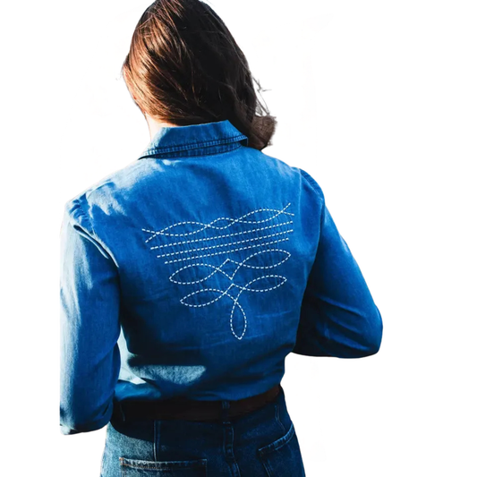 Rockin A Design Women's Long Sleeve Boot Stitch Denim Pearl Snap Shirt-Blue
