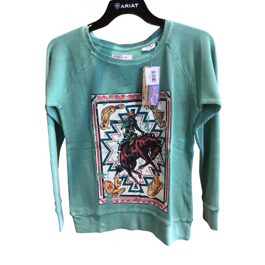 Panhandle  Ribbed Graphic Sweatshirt - Turquoise