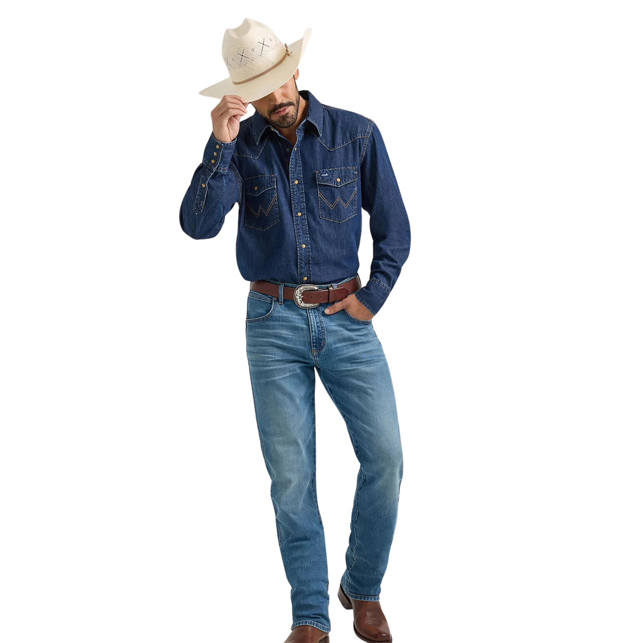 Wrangler Men's Long Sleeve Denim Shirt - Medium Wash