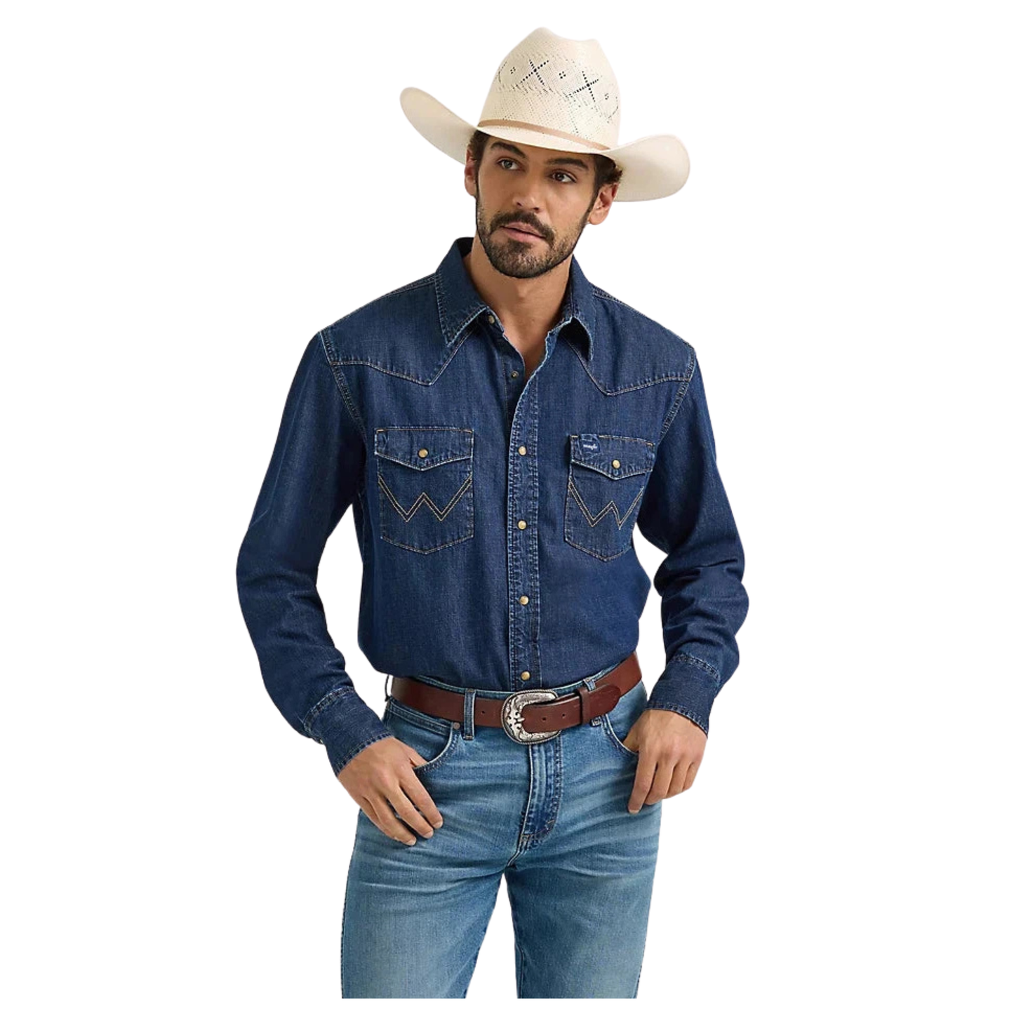 Wrangler Men's Long Sleeve Denim Shirt - Medium Wash