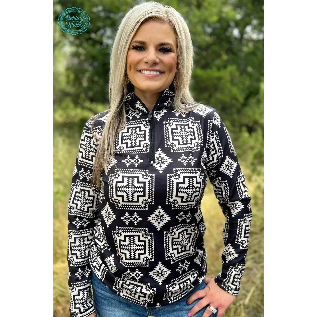 Sterling Kreek Women's Long Sleeve Down in the Hills Pullover- Black/White