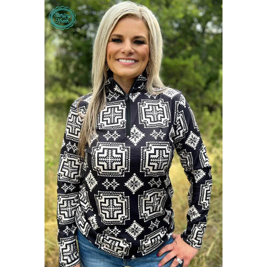 Sterling Kreek Women's Long Sleeve Down in the Hills Pullover- Black/White