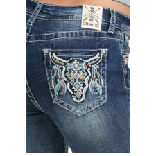 Grace in LA Women's Steer Head & Feathers Embellished Pocket Jeans