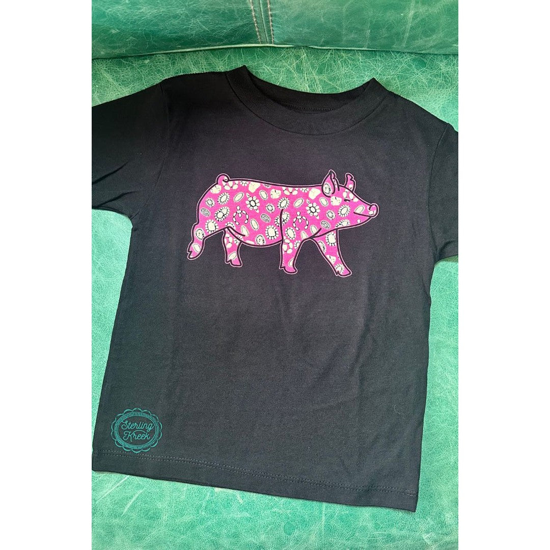 Sterling Kreek Girl's Mini Concho Pig T-Shirt - Black & Pink