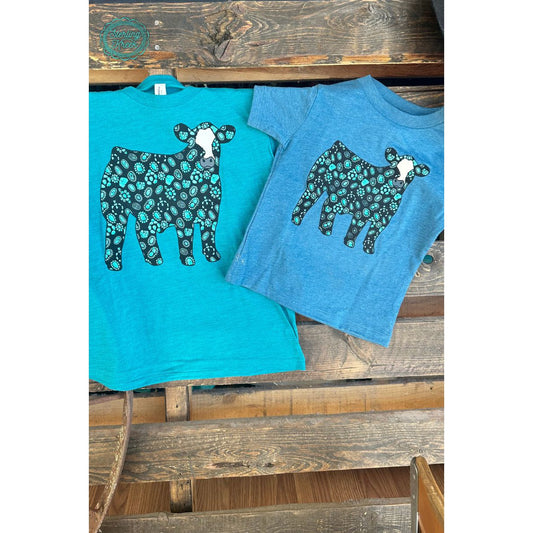 Sterling Kreek Kid's Mini Concho Steer  T-Shirt-Deep Teal