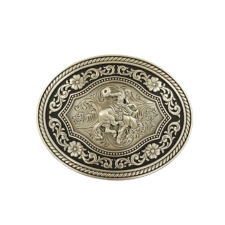 Nocona Mens Buckle Oval Black Edge Background w/Vintage Saddle Bronc Motif