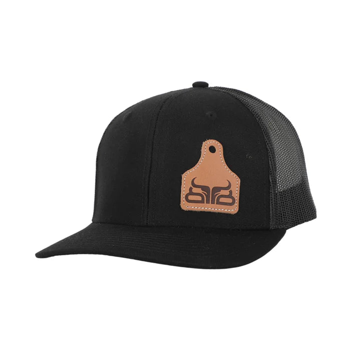 Baredown Brand Curved Leather Ear Tag Patch Hat-Black