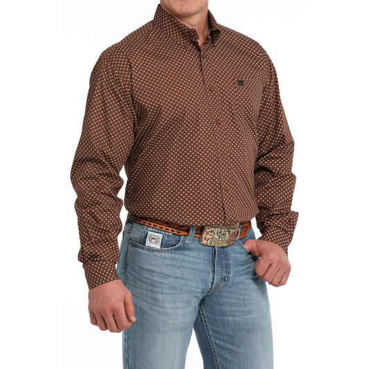 Cinch Men's Long Sleeve Geometric Print Shirt - Brown