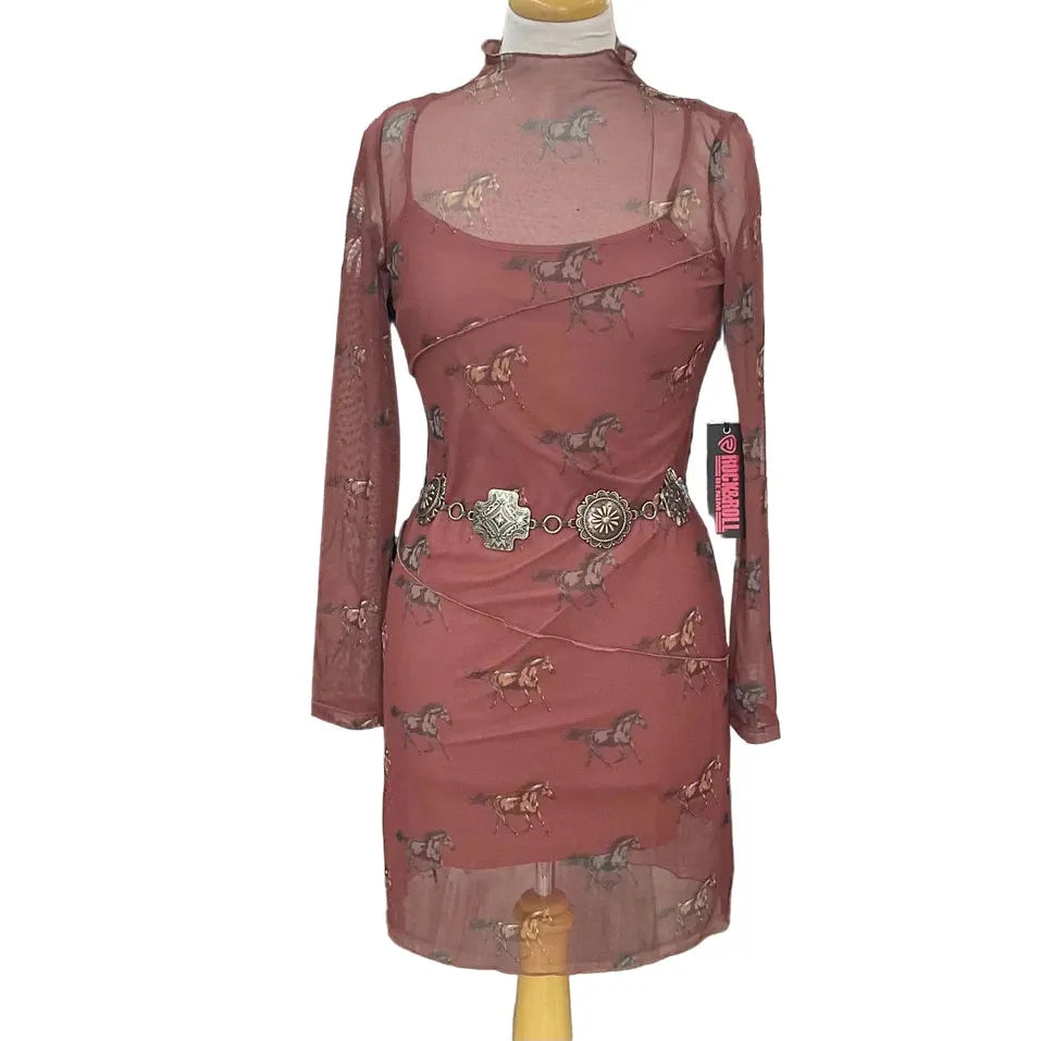 Rock & Roll Women's Horse Print Mesh Dress - Rust