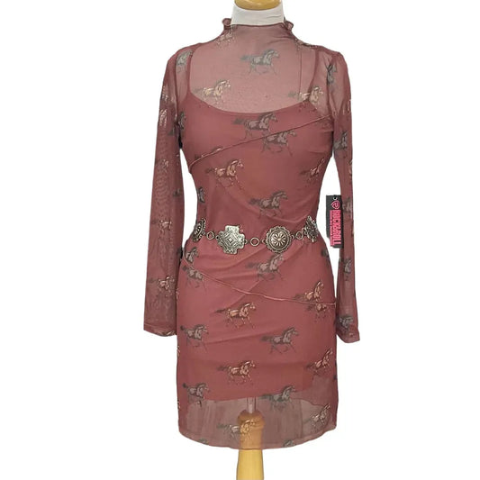 Rock & Roll Women's Horse Print Mesh Dress - Rust