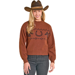 Rock & Roll Women's Long Sleeve Horse & Aztec Novelty Sweater - Burnt Orange - Irvine Tack & Western Wear