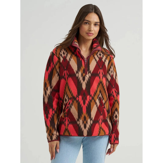 Wrangler Women's Retro Quarter Zip Long Sleeve Sherpa Pullover - Burgundy Flame
