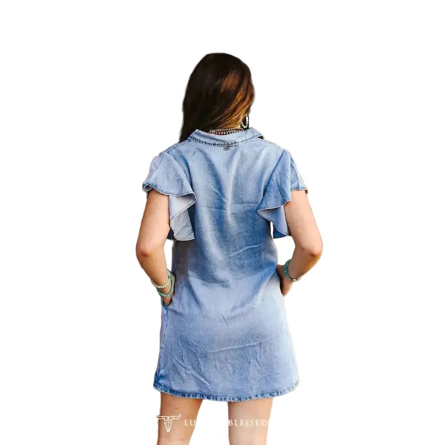Lucky & Blessed Women's Ruffle Stretch w Bolero Concho Denim Dress - Light Wash