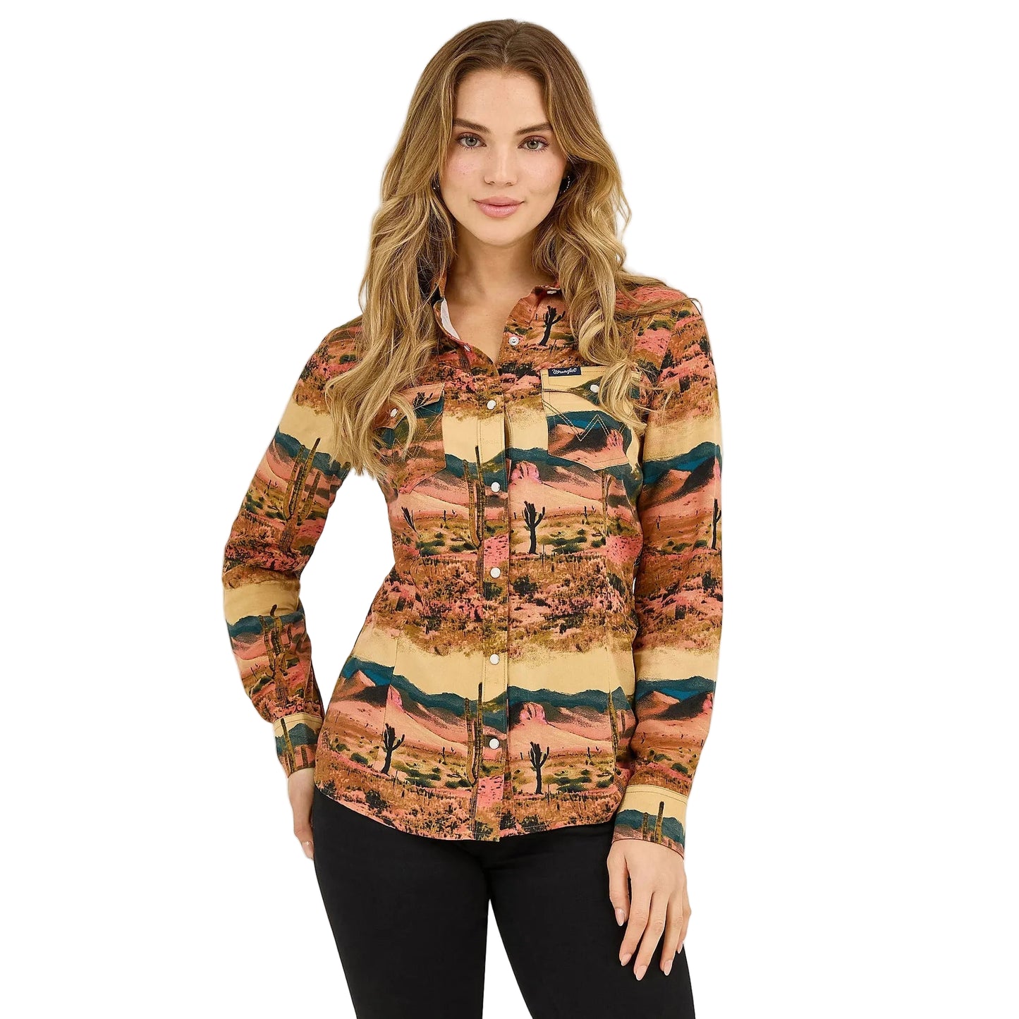 Wrangler Women's Desert Print Western Long Sleeve Snap Shirt - Desert Tan