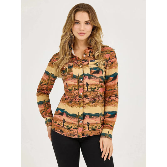 Wrangler Women's Desert Print Western Long Sleeve Snap Shirt - Desert Tan