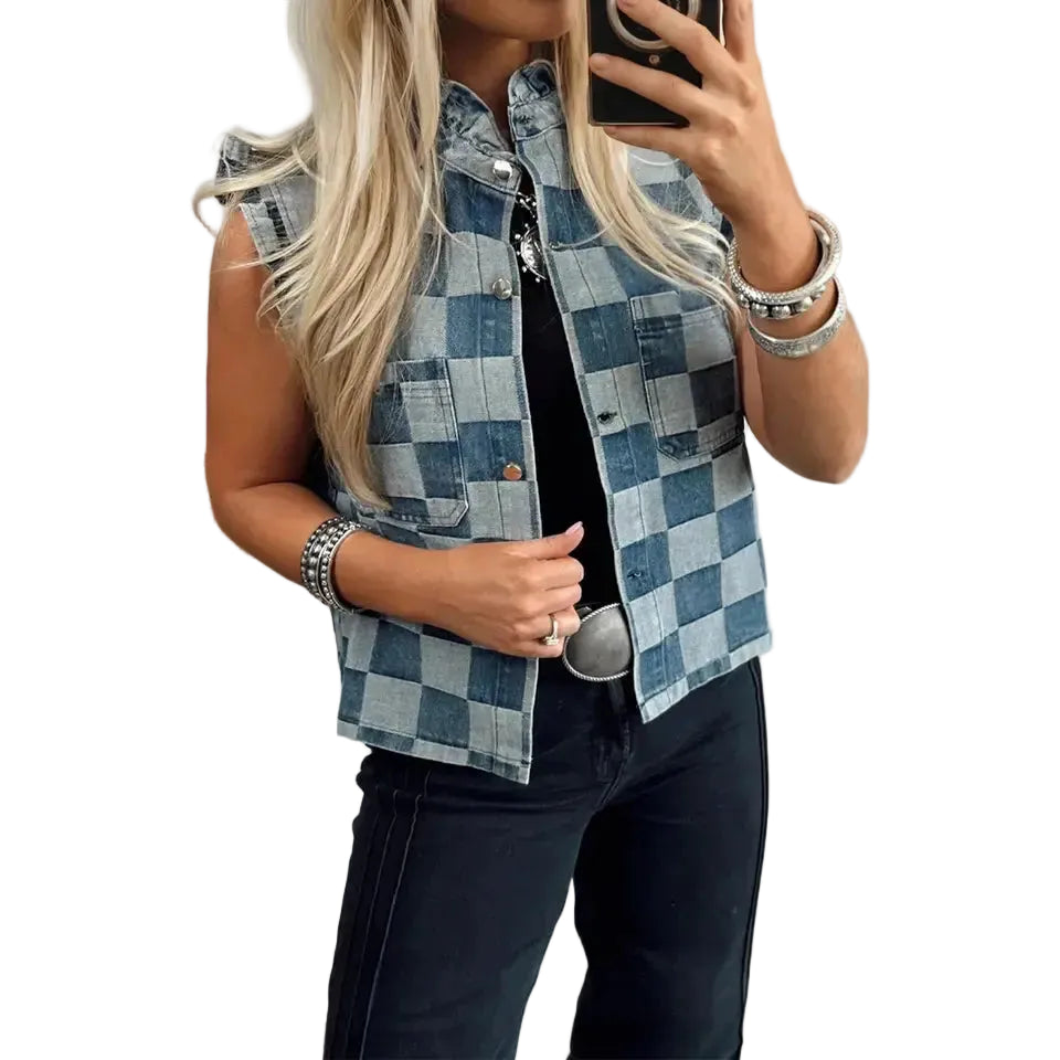 66 Disco c/o Faire Women's Denim Checkered Ruffle Trim Button Down Vest - Blue - Irvine Tack & Western Wear