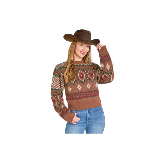 Rock & Roll Women's All Over Aztec Long Sleeve Sweater - Teal/Brown
