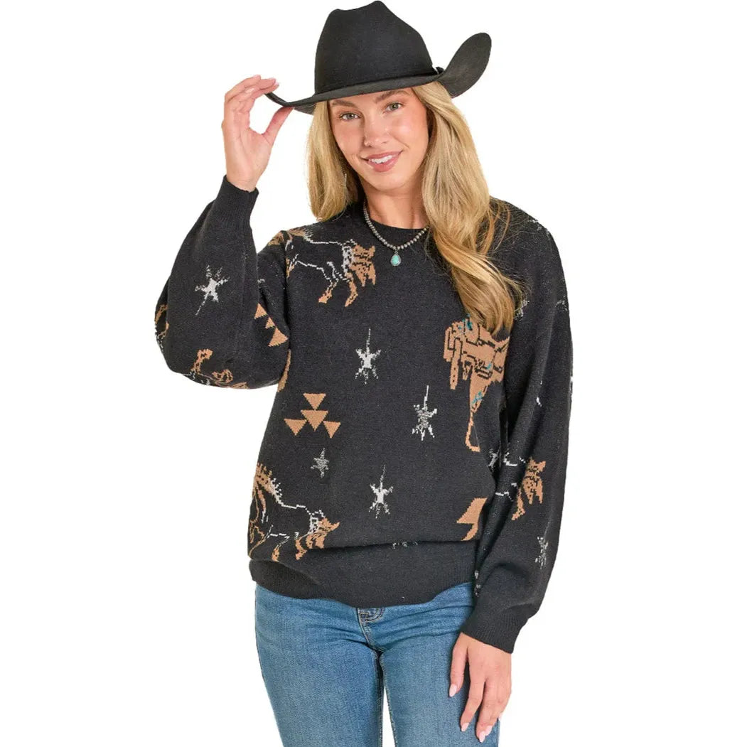 Rock & Roll Women's Long Sleeve Lurex Saddle Up Conversational Sweater - Black
