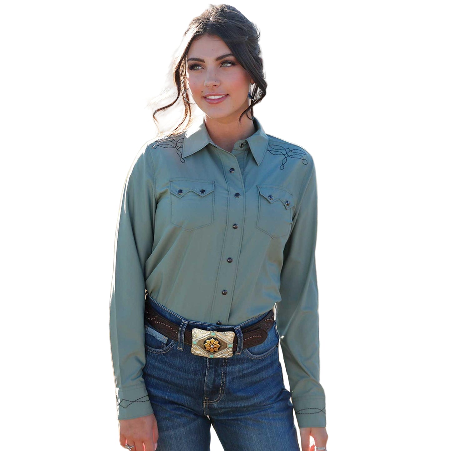 Cinch Women's Long Sleeve Solid Western Shirt- Green