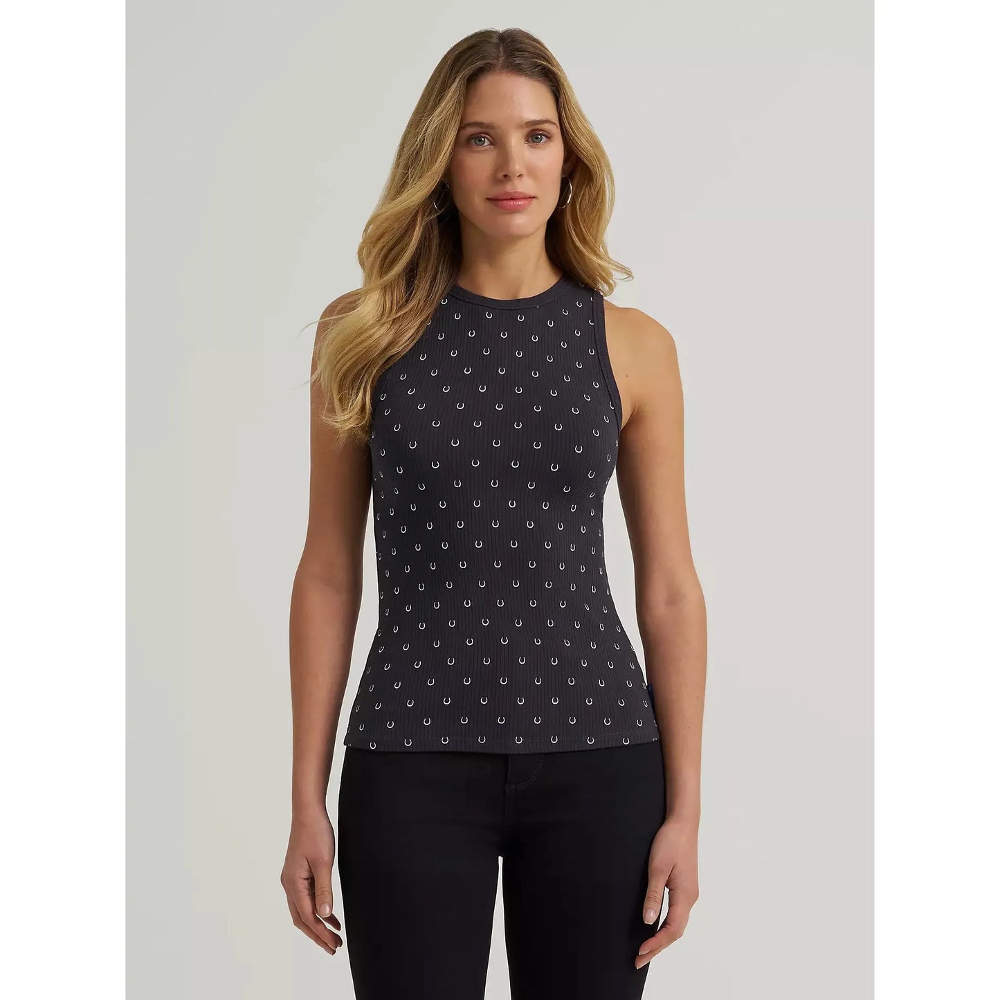 Wrangler Women's Sleeveless Printed Slim Goddess Tank - Black Horseshoe - Irvine Tack & Western Wear