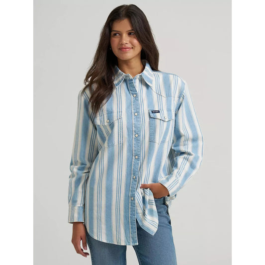 Wrangler Women's Brushpopper Boyfriend Western Stripe Long Sleeve Shirt - Pale Blue