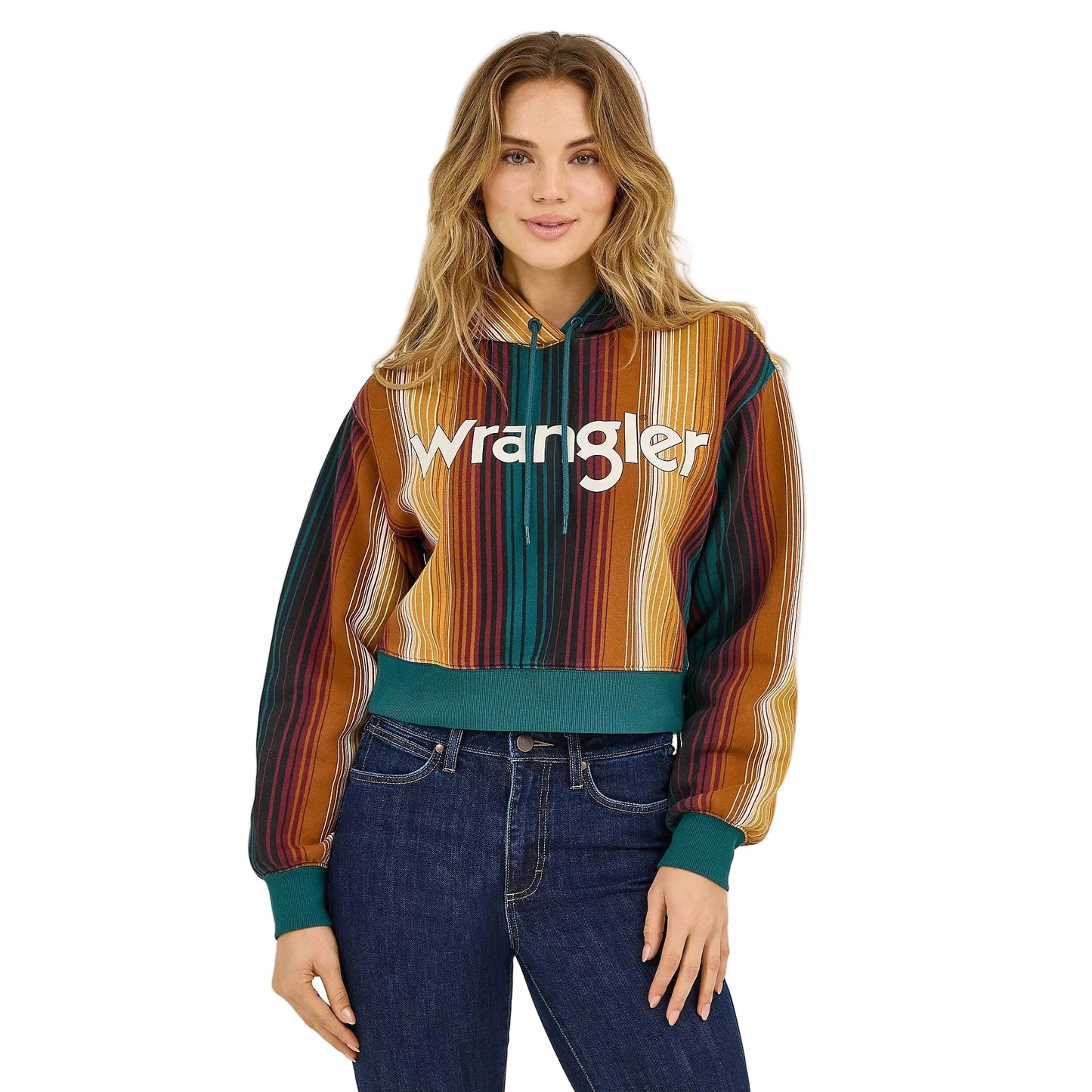 Wrangler Women's Striped Serape Long Sleeve Cropped Hoodie Serape - Teal