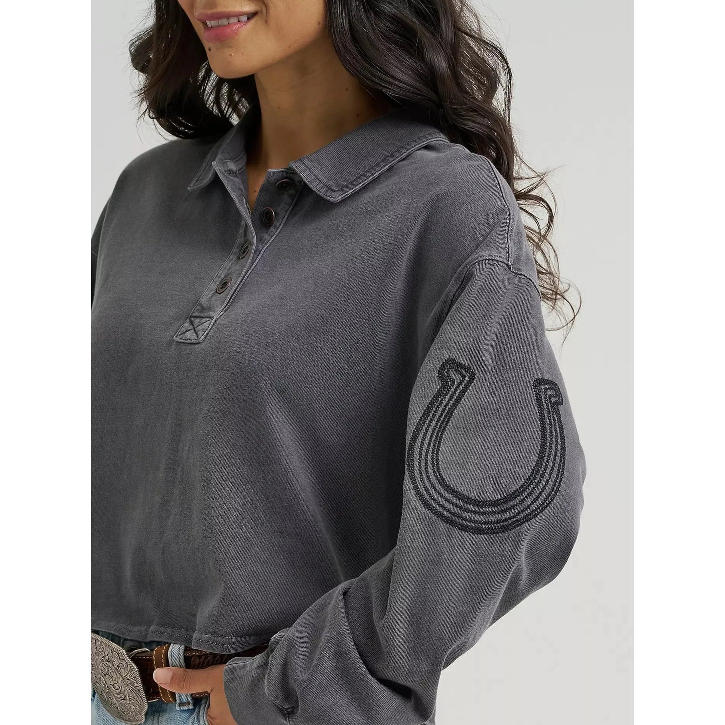 Wrangler Women's Western Horseshoe Long Sleeve Polo Shirt - Black