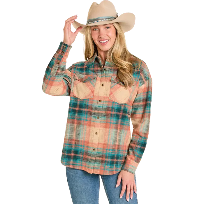 Rock & Roll Women's Oversized Long Sleeve Flannel Shirt - Teal