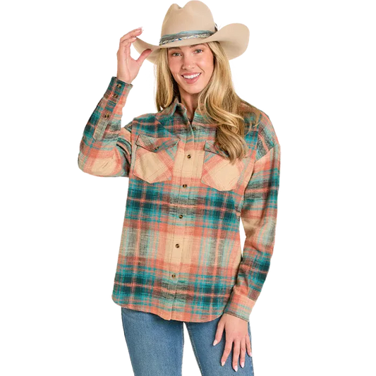 Rock & Roll Women's Oversized Long Sleeve Flannel Shirt - Teal