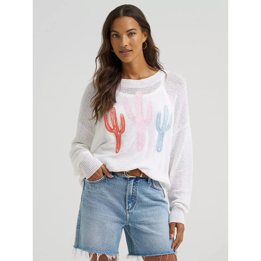 Wrangler Women's Gauzy Knit Long Sleeve Sweater - White