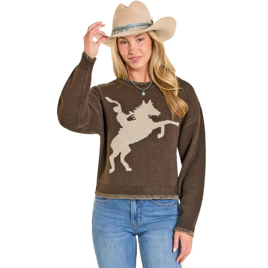 Rock & Roll Women's Blanket Stitch Horse Rider Long Sleeve Sweater - Brown