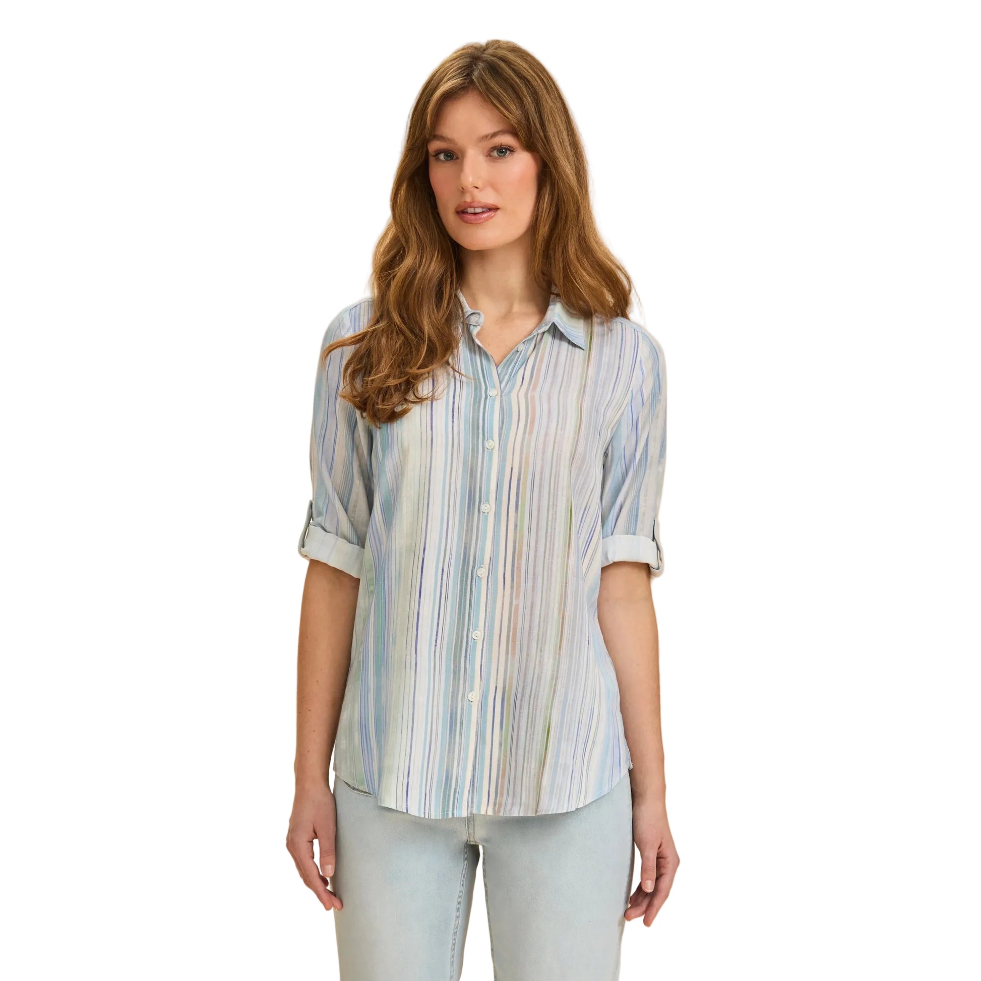 FDJ Women's Roll Up Sleeve Stripe Shirt - Blue Alanas - Irvine Tack & Western Wear