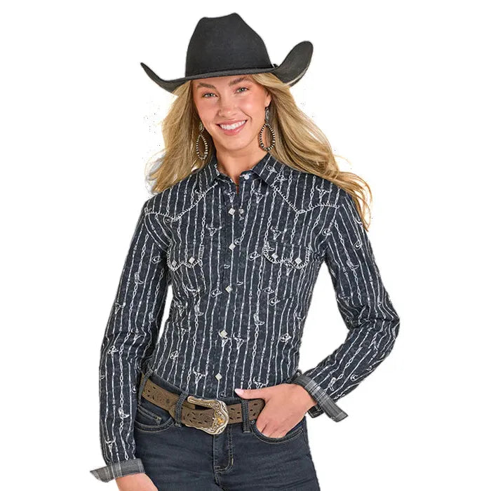 Panhandle Women's Western Barbwire Stripe Long Sleeve 2 Pocket Snap Shirt - Black - Irvine Tack & Western Wear