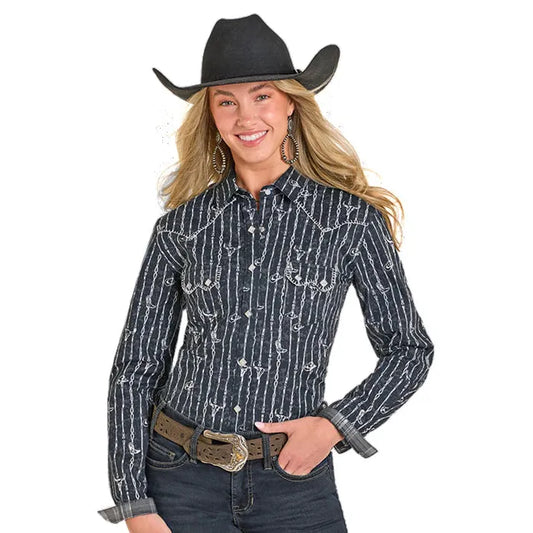 Panhandle Women's Western Barbwire Stripe Long Sleeve 2 Pocket Snap Shirt - Black - Irvine Tack & Western Wear