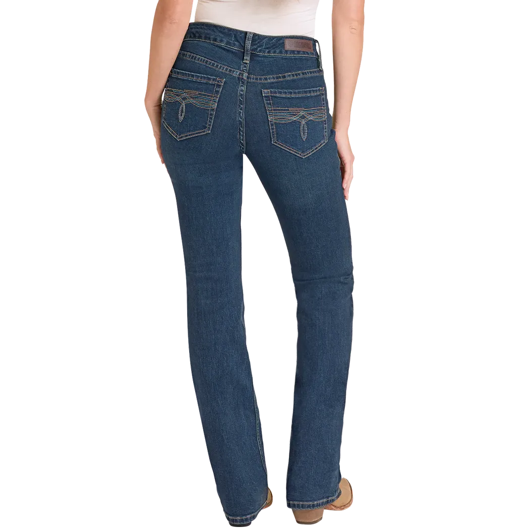 Rock & Roll Women's Turquoise Boot Stitch Embroidered Bootcut Jeans - Dark Wash