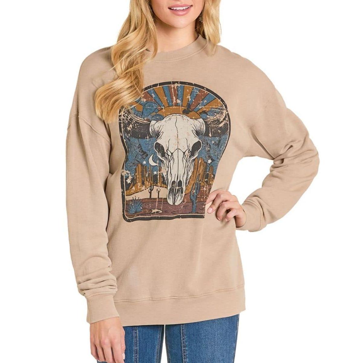 Rock & Roll Women's Oversized Graphic Pullover Sweatshirt - Tan