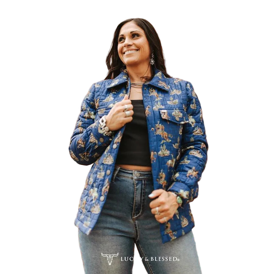 Lucky & Blessed Women's Cowboy Desert Printed Quilted Jacket - Blue