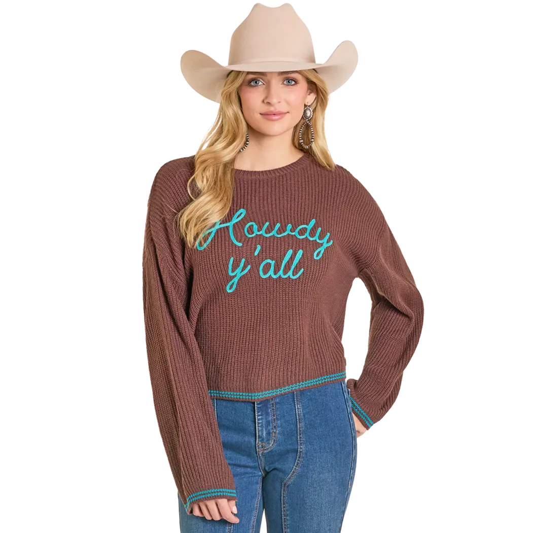 Rock & Roll Women's Howdy Y'all Bell Long Sleeve Knit Sweater - Brown