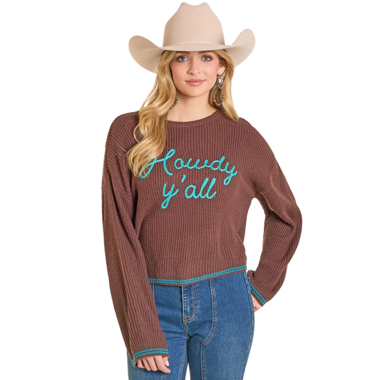 Rock & Roll Women's Howdy Y'all Bell Long Sleeve Knit Sweater - Brown