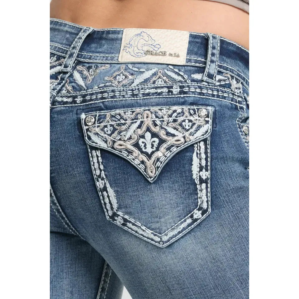 Grace in LA Women's Aztec Yoke Embroidery Mid Rise Boot Cut Jeans