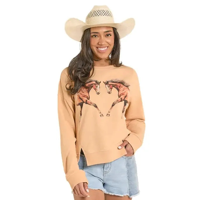 Panhandle Women's Horse Graphic Long Sleeve Pullover - Tan