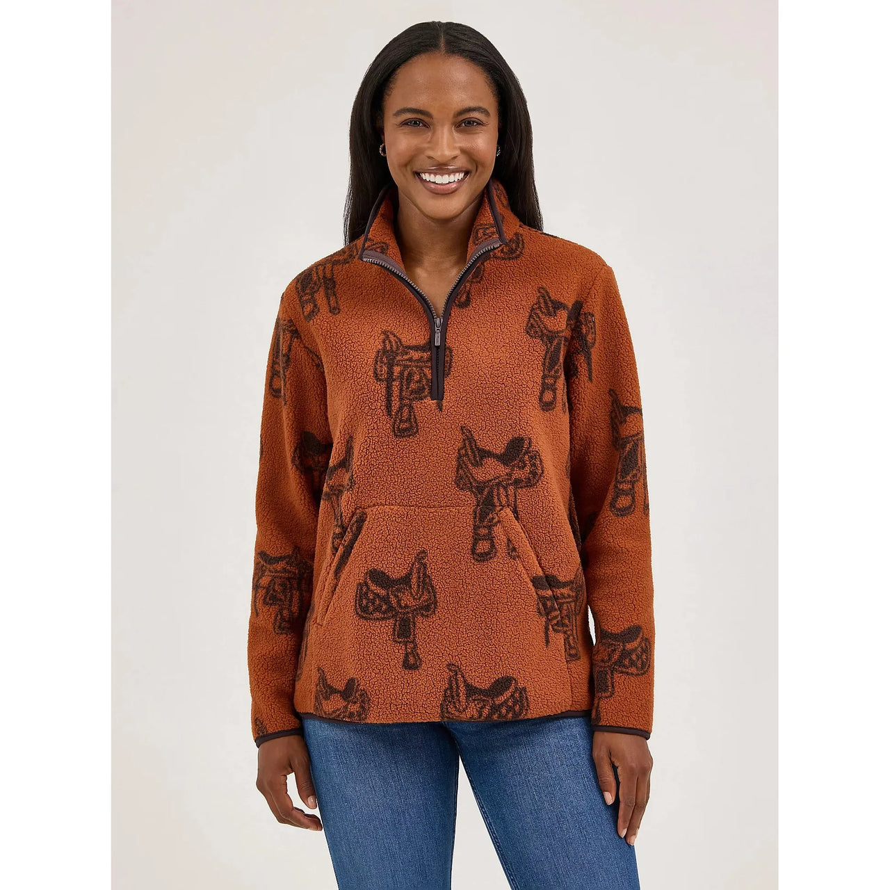 Wrangler Women's Retro Quarter Zip Long Sleeve Sherpa Pullover - Horse Brown