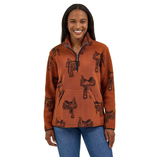 Wrangler Women's Retro Quarter Zip Long Sleeve Sherpa Pullover - Horse Brown