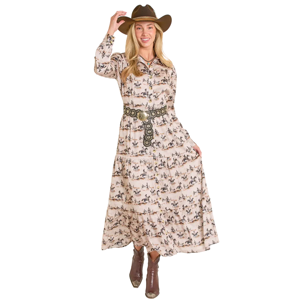 Panhandle Women's Western Horse Print Satin Long Sleeve Maxi Dress - Tan