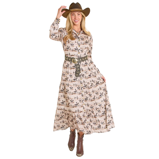 Panhandle Women's Western Horse Print Satin Long Sleeve Maxi Dress - Tan