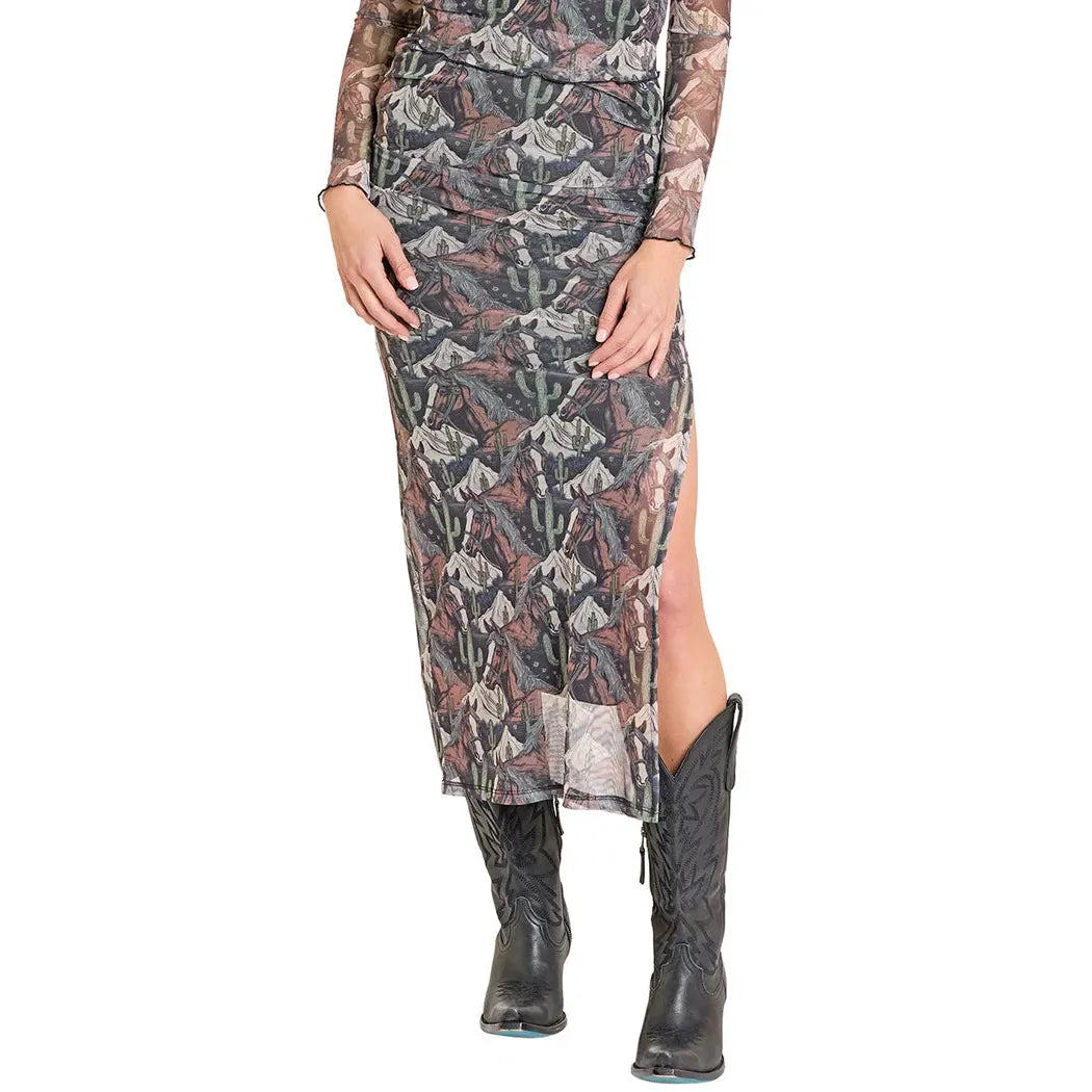 Rock & Roll Women's West Desperado Mountain Print Mesh Midi Skirt - Black